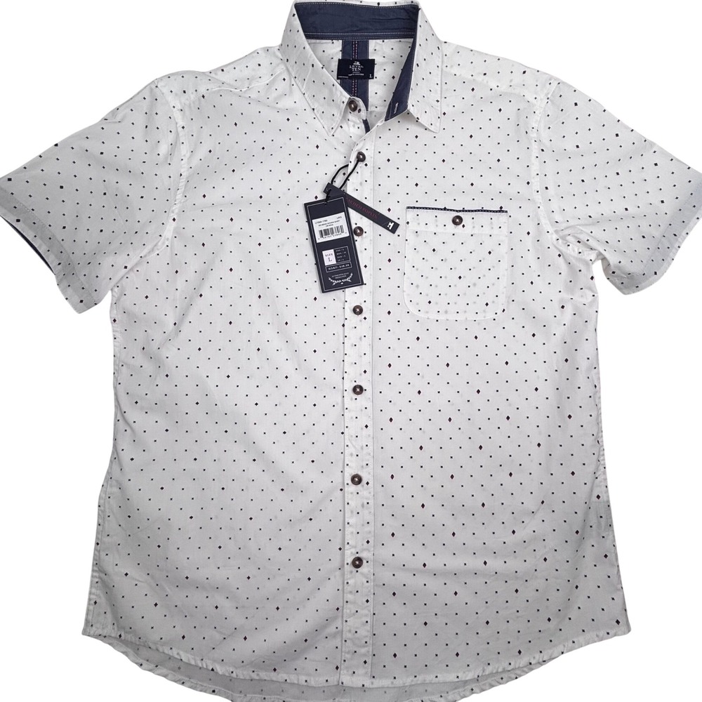 NWT Level Ten Short Sleeve Button Down White Casual Contrast Cuff Mens Sz L
